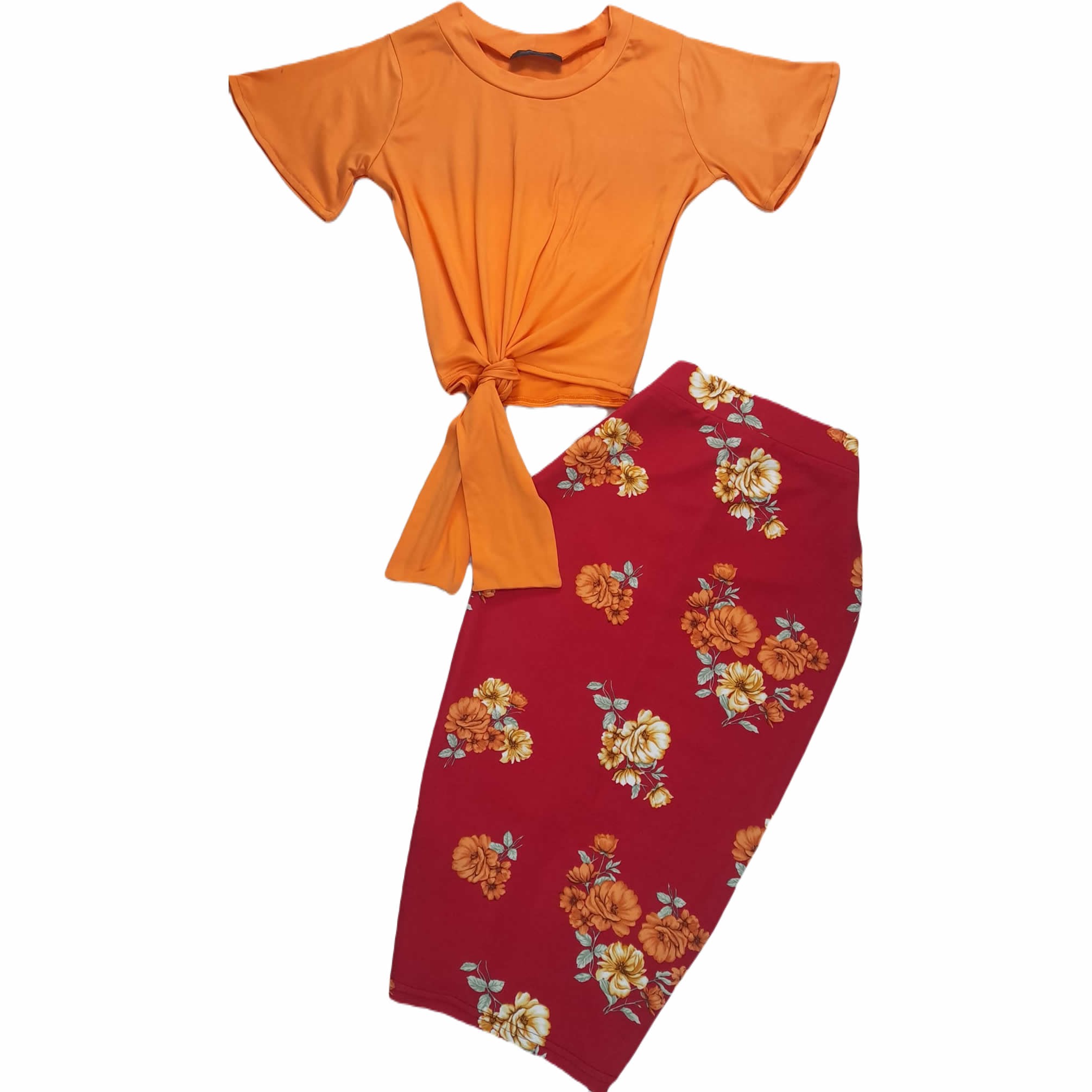Blouse With Bow And Floral Pencil Skirt